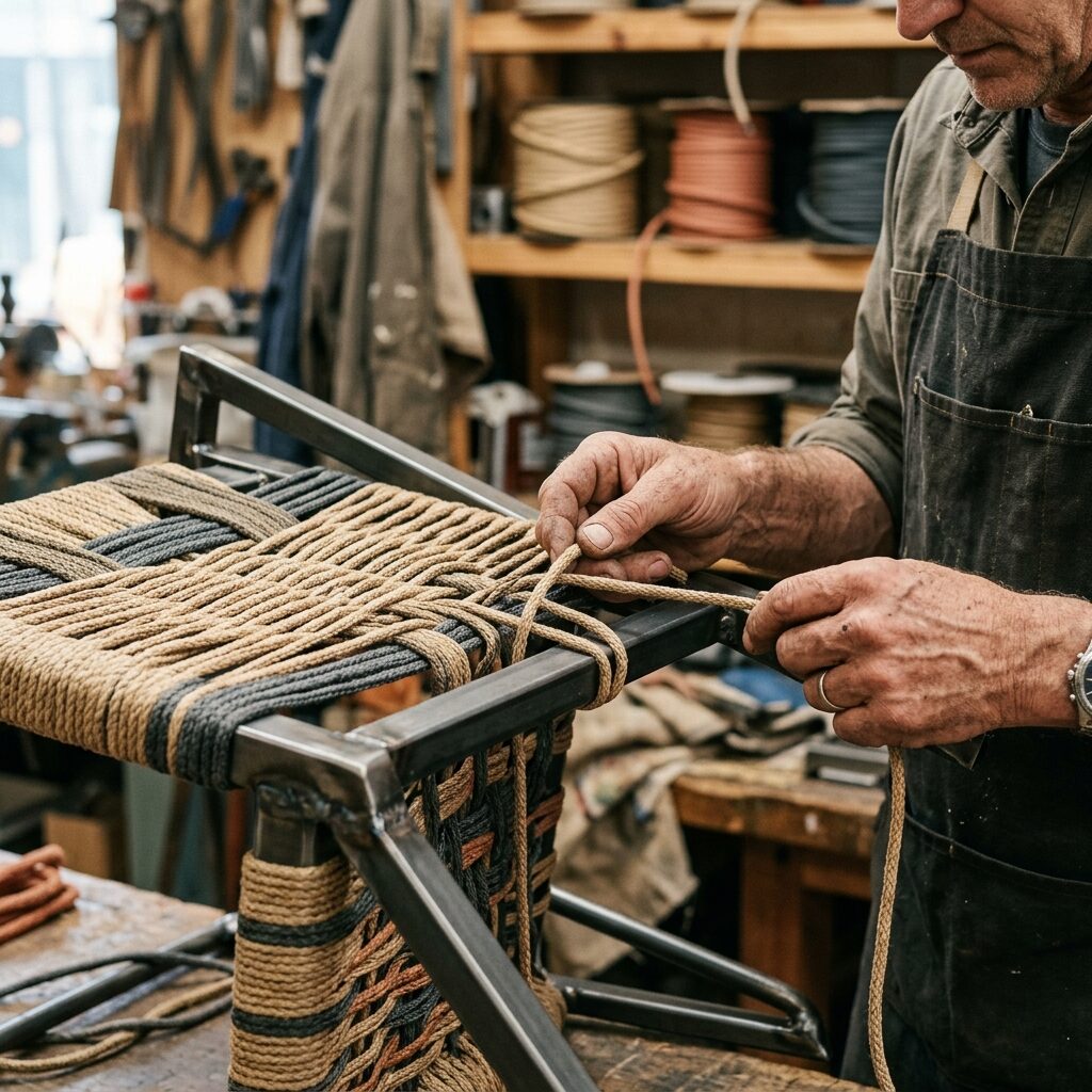 Artesão trançando fibra sintética sobre estrutura metálica